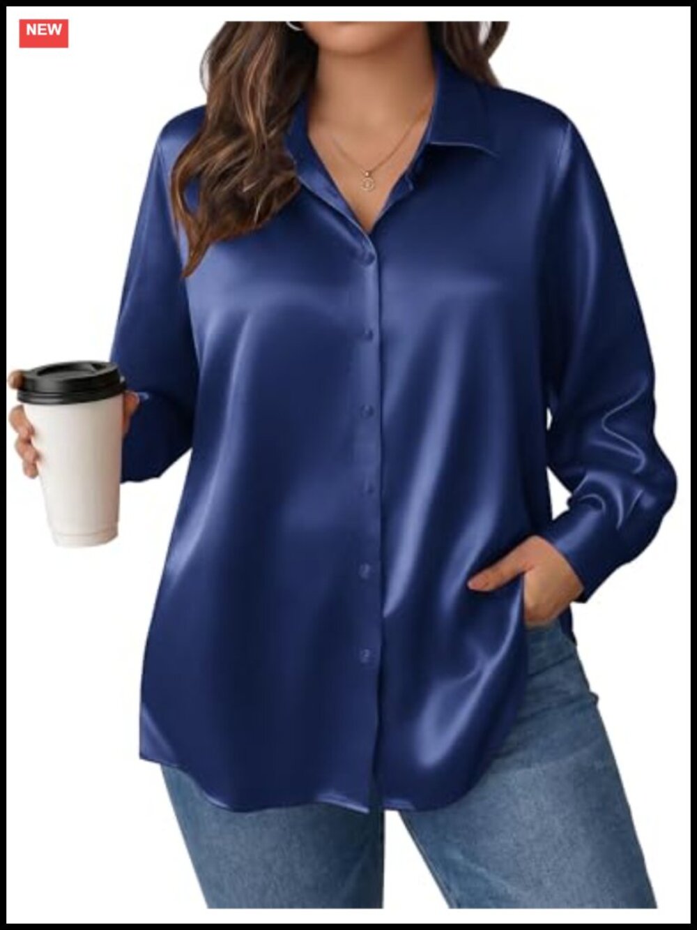 Plus Size Satin Button Down Blouse Long Sleeve